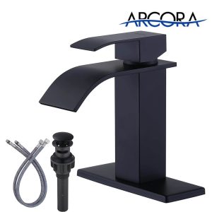 ARCORA 1 Hole or 3 Hole Black Waterfall Bathroom Faucet with Deck Plate