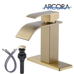 ARCORA Single Handle Brushed Gold Waterfall Bathroom Faucet – 1 or 3 Hole