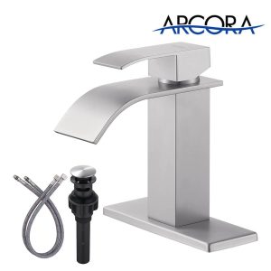 ARCORA Brushed Nickel Waterfall Bathroom Faucet with Deck Plate (1 Hole or 3 Hole)