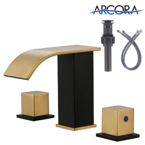 ARCORA Black and Gold Waterfall Widespread Bathroom Faucet with Pop Up Drain and Hose