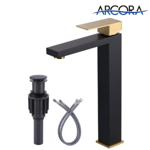 ARCORA Black & Gold Single Handle Vessel Sink Faucet with Pop Up Drain and Supply Lines