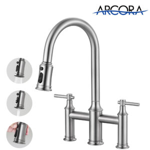 ARCORA 3 Holes Brushed Nickel Bridge Kitchen Faucet with Pull Down Sprayer