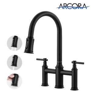 ARCORA 3 Holes Matte Black Bridge Kitchen Faucet with Pull Down Sprayer