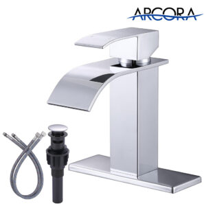 ARCORA Single Handle Chrome Waterfall Bathroom Sink Faucet with Pop Up Drain and Supply Lines