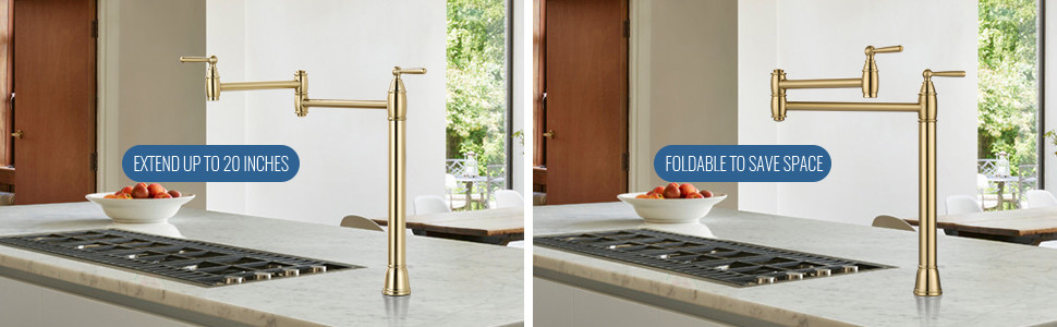 ARCORA Brushed Gold Deck Mount Pot Filler Faucet Over Stove with Stretchable Double Joint Swing Arms - Pot Filler Kitchen Faucets - 4