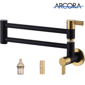 ARCORA Modern Black and Gold Pot Filler Wall Mount Folding Faucet with Double Joint Swing Arms