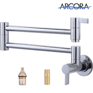 ARCORA Modern Two Handle Chrome Pot Filler Wall Mount Folding Faucet with Double Joint Swing Arms