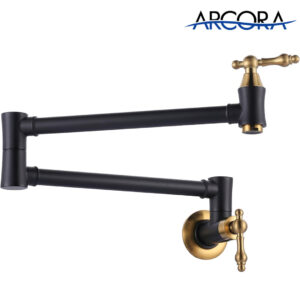 ARCORA Modern Wall Mount Black and Gold Pot Filler Commercial Kitchen Faucet Over Stove