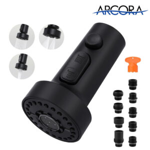 ARCORA Matte Black 3-Function Kitchen Faucet Sprayer Head Replacement with 9 Adapters Compatible with Moen, Delta