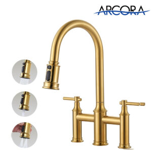 ARCORA 8 Inch Centerset Brushed Gold Farmhouse Bridge Kitchen Faucet with Pull Down Sprayer