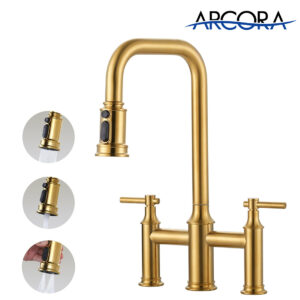 ARCORA Brushed Gold 8 Inch Centerset Farmhouse Bridge Kitchen Faucet with Pull Down Sprayer