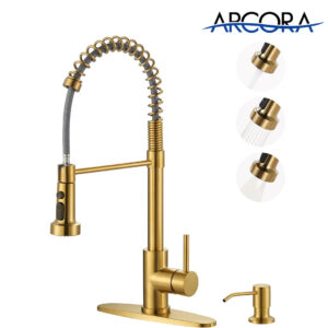 ARCORA Brushed Gold Pull Down Kitchen Sink Faucet with Soap Dispenser for Farmhouse RV Laundry