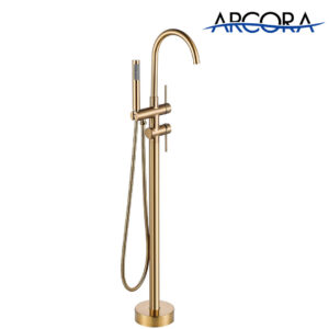 ARCORA Brushed Gold High Flow Freestanding Bathtub Faucet with Handheld Sprayer