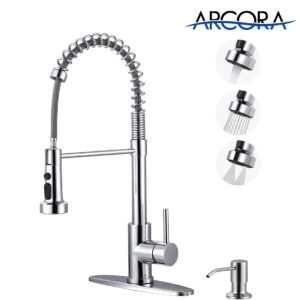 ARCORA Single Handle Chrome Pull Down Kitchen Sink Faucet with Soap Dispenser for Farmhouse RV Laundry