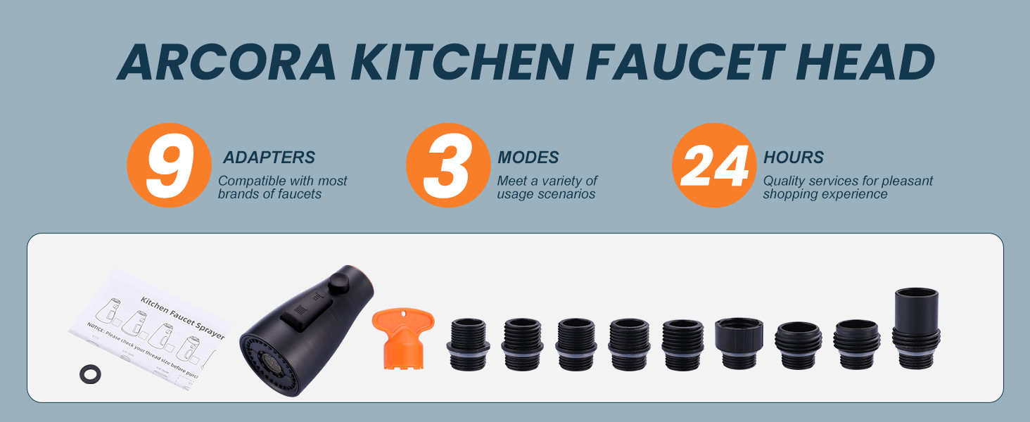 ARCORA Oil Rubbed Bronze 3-Function Pull Down Spray Head Replacement with 9 Adapters Compatible with Moen, Delta, American Standard Faucets - Faucet Accessories - 8