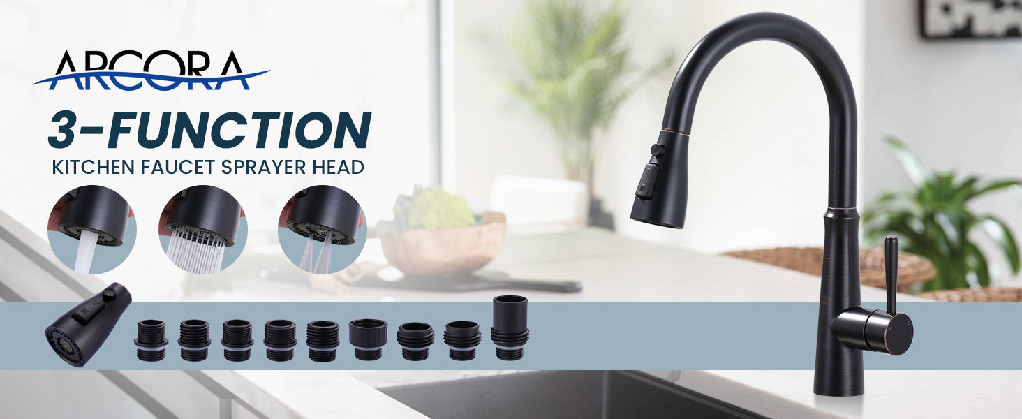 ARCORA Oil Rubbed Bronze 3-Function Pull Down Spray Head Replacement with 9 Adapters Compatible with Moen, Delta, American Standard Faucets - Faucet Accessories - 2